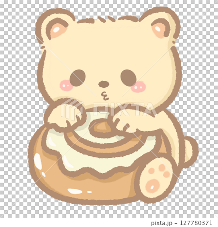 Cute Kawaii Bear Holding cinnamon roll Clipart Bakery Animal Illustration for Kids Stickers Greeting Cards Sublimation Digital Planners Cafe Themes Scrapbooking and Craft Projects 127780371