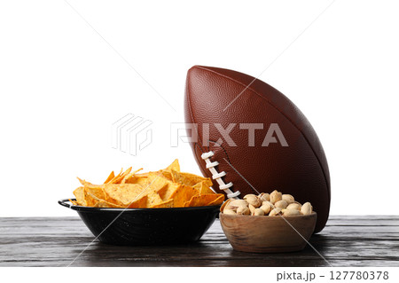 PNG,Chips, popcorn and a rugby ball, isolated on white background 127780378