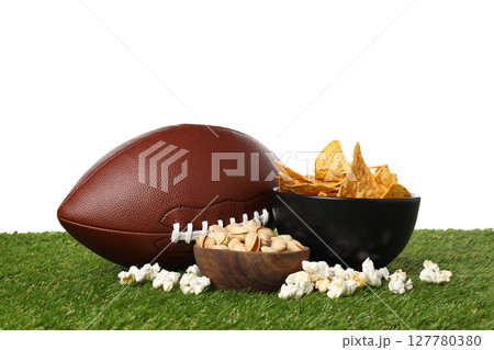 PNG,Chips, popcorn and a rugby ball, isolated on white background PNG,Chips, popcorn and a rugby ball, isolated on white background 127780380