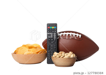 PNG,Chips, popcorn and a rugby ball, isolated on white background 127780384