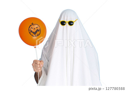 Ghost in shades holds orange balloon, isolated on white, PNG Ghost in shades holds orange balloon, isolated on white, PNG 127780388