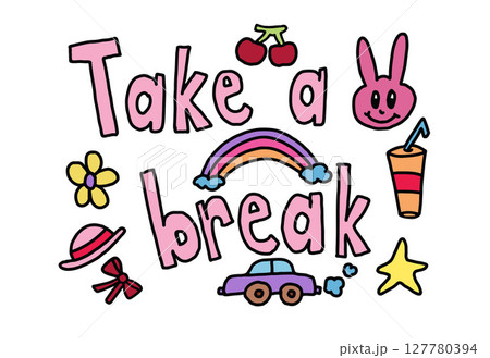 Cute hand drawn illustrations of take a break letters, bunny, cherry, car, flower, hat, ribbon, cool drink, star, rainbow for cartoon, characters, comic, sticker, decoration, animal, easter, patch	 127780394