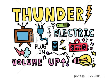 Cute hand drawn illustrations of thunder letters, television, battery, plug, radio, music melody, light bulb, wifi for cartoon, sticker, decoration, icon, home appliance, electricity, patch, brooch	 127780400