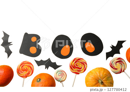 Pumpkins and lollipops for Halloween, isolated on white, PNG Pumpkins and lollipops for Halloween, isolated on white, PNG 127780412