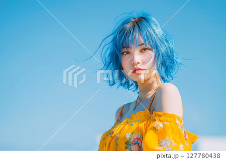 青髪の女性・ヘアカラー「AI生成画像」 127780438