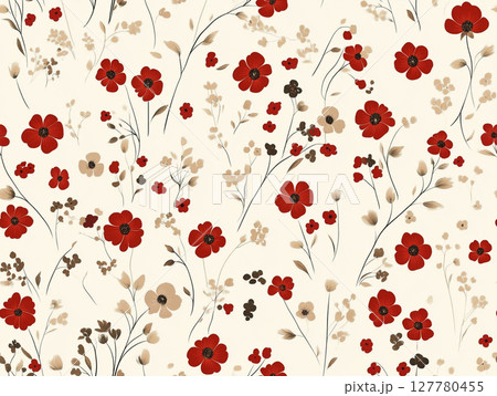 A seamless pattern of small, stylized red and peach flowers with dark branches and berries on a light background, creating a delicate floral design. 127780455