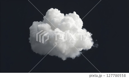 Fluffy white cloud floating in a deep black sky, capturing the beauty of nature's abstract form. 127780558