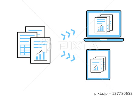 ビジネス分野における資料をパソコンとタブレットにデータ化するイメージイラスト ビジネス分野における資料をパソコンとタブレットにデータ化するイメージイラスト 127780652