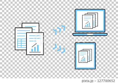 An illustration of digitizing business documents onto a computer and tablet 127780652
