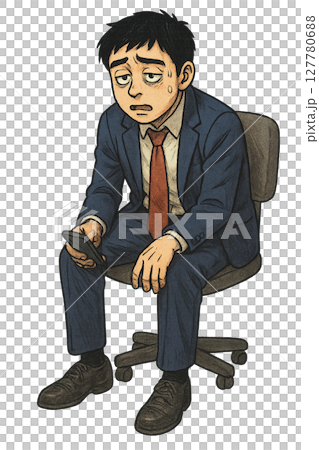 だらだらスマホを見て疲れ果てた会社員、無気力にスマホを操作するスーツ姿の男性、やる気が出ずスマホを見 127780688