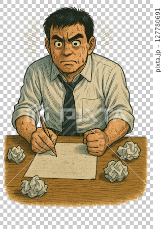A perfectionist man who is unable to be satisfied and keeps rewriting his work, a perfectionist businessman who is unable to compromise and is in agony, 127780691