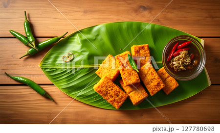 A vibrant overhead shot of an appetizing Indonesian dish, served on a banana leaf with dipping sauce. 127780698