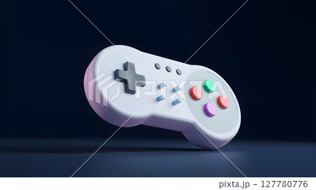 3D render of a white video game controller isolated on a dark blue background 127780776