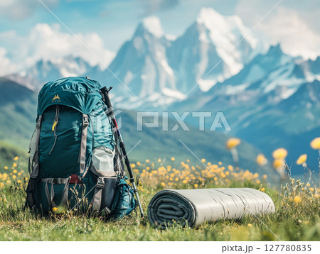 Hiking backpack and rolled sleeping pad set on a mountain meadow with snow-capped peaks and evergreen trees in the background. Hiking backpack and rolled sleeping pad set on a mountain meadow with snow-capped peaks and evergreen trees in the background. 127780835