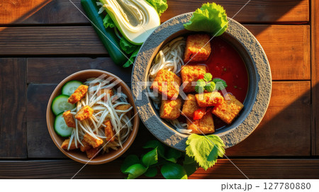 Overhead shot of two bowls of noodles and tofu on a wooden table setting. 127780880