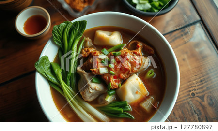 Delicious Asian cuisine soup with fresh green bok choy, meat dumplings and toppings, close up shot 127780897
