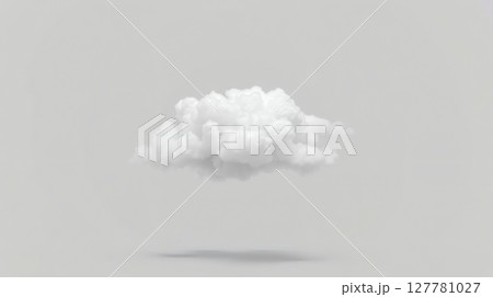 A fluffy cloud floating in the air, casting a shadow below, white against a light gray background. 127781027