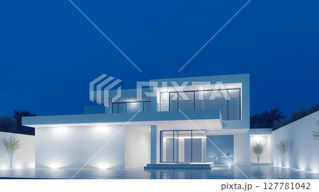 Modern white house with clean details in daylight. 127781042