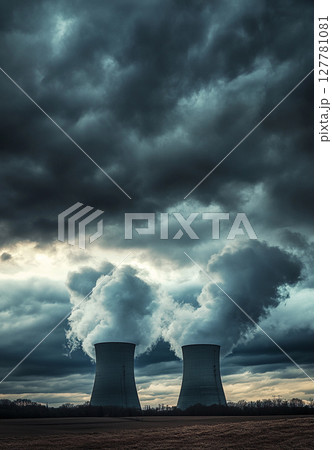 Two towering cooling towers of a nuclear power plant emit steam into a blue sky with clouds, rising from a vibrant green field. 127781081