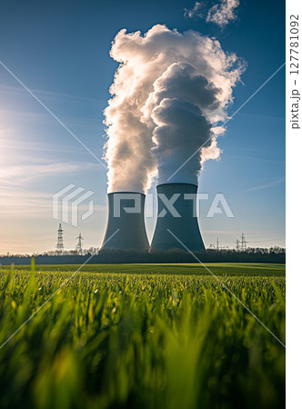 Two towering cooling towers of a nuclear power plant emit steam into a blue sky with clouds, rising from a vibrant green field. 127781092