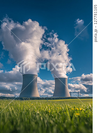 Two towering cooling towers of a nuclear power plant emit steam into a blue sky with clouds, rising from a vibrant green field. 127781105