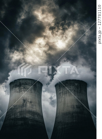 Two towering cooling towers of a nuclear power plant emit steam into a blue sky with clouds, rising from a vibrant green field. 127781110
