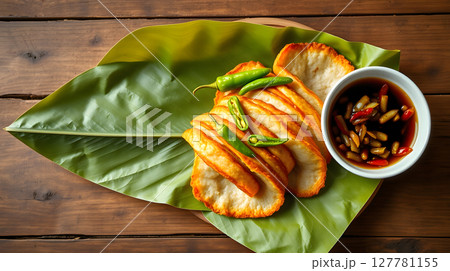Delicious dish of fried bread with fresh green chillies and a savory dipping sauce 127781155