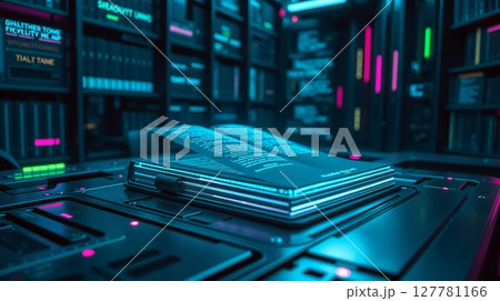 Futuristic library with an open book on a glowing surface 127781166