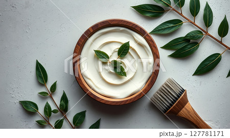 Wooden bowl filled with white cream decorated with leaves, a paint brush, and leaves on the side. Wooden bowl filled with white cream decorated with leaves, a paint brush, and leaves on the side. 127781171