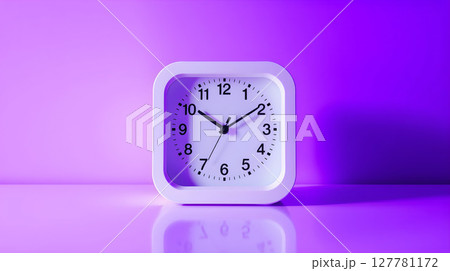 Square white alarm clock on a purple surface with soft lighting, showcasing time concept. Square white alarm clock on a purple surface with soft lighting, showcasing time concept. 127781172