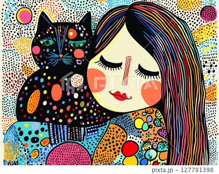 A vibrant illustration of a girl and a cat, set against a colorful background. 127781398