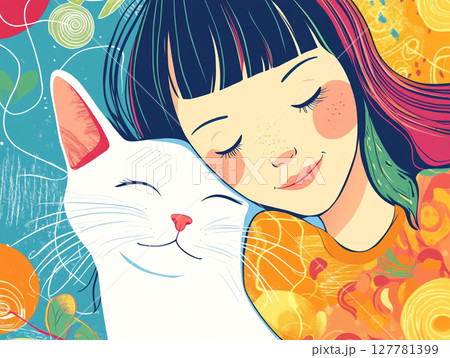 A vibrant illustration of a girl and a cat, set against a colorful background. 127781399