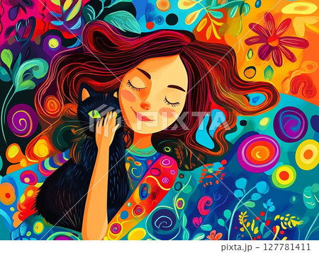 A vibrant illustration of a girl and a cat, set against a colorful background. 127781411