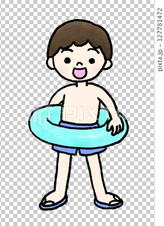 Hand-drawn illustration of a boy in a swimsuit Hand-drawn illustration of a boy in a swimsuit 127781472
