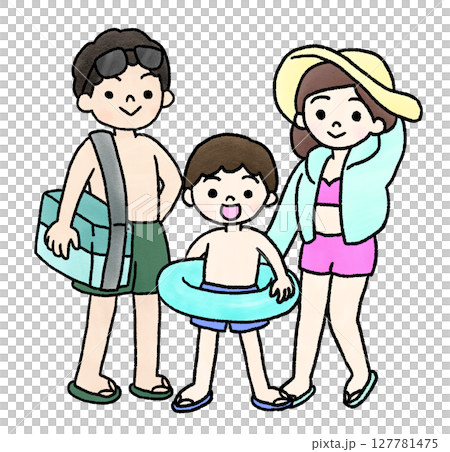 手繪插畫的穿著泳衣的家庭 127781475