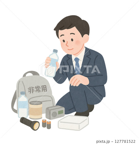 非常用持ち出し袋を準備する男性,防災グッズを点検するスーツ姿の男性,災害対策として水分補給を行う会社 127781522