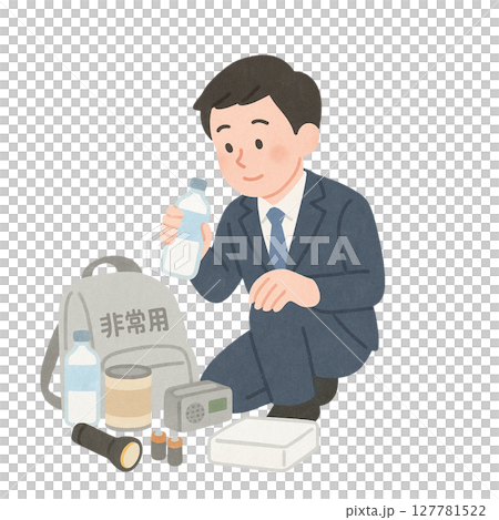 非常用持ち出し袋を準備する男性,防災グッズを点検するスーツ姿の男性,災害対策として水分補給を行う会社 127781522