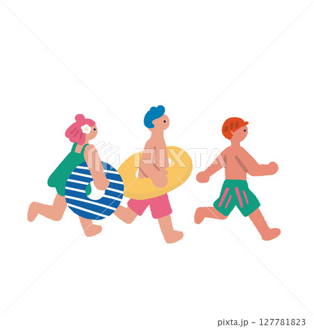 夏を楽しむ人々のイラスト 水着で走る子どもたち 夏を楽しむ人々のイラスト 水着で走る子どもたち 127781823
