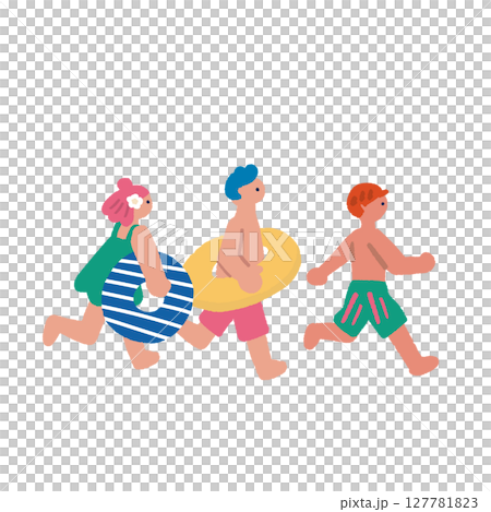 享受夏日的人們的插圖：穿著泳衣奔跑的孩子們 127781823
