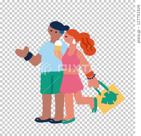 Illustration of people enjoying summer: A couple eating ice cream Illustration of people enjoying summer: A couple eating ice cream 127781826