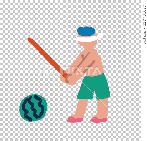 Illustration of people enjoying summer: A man splitting a watermelon 127781827