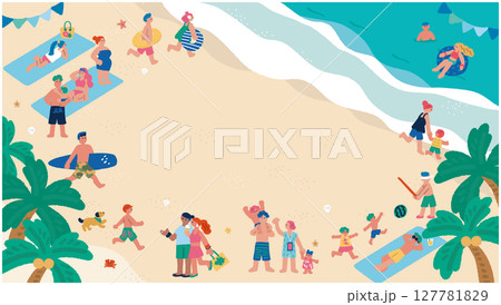 海と夏を楽しむ人々の手書きのフラットイラスト　 127781829