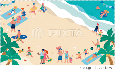 海と夏を楽しむ人々の手書きのフラットイラスト　 127781829