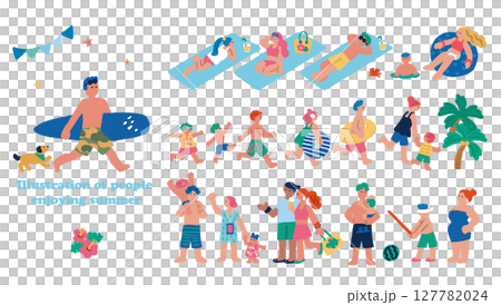 平面手繪插畫集人們享受夏天 平面手繪插畫集人們享受夏天 127782024