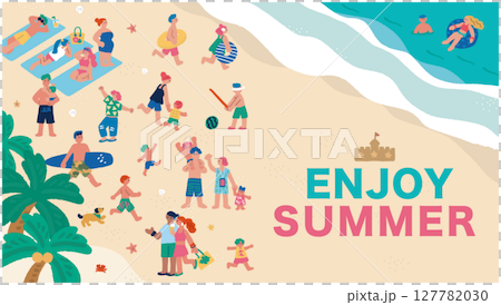 插圖描繪了熙熙攘攘的海灘和人們慶祝夏季大減價 插圖描繪了熙熙攘攘的海灘和人們慶祝夏季大減價 127782030