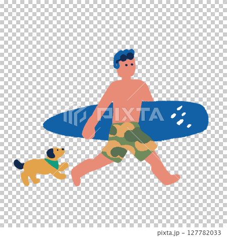 人們享受夏日的插圖：一個帶著衝浪板的男人和一隻狗 127782033
