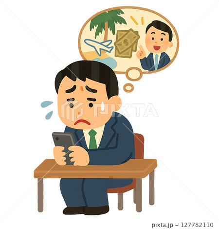 SNSで他人の成功を見て落ち込む男性, 充実投稿に心がざわつくビジネスマン, 比較して焦るスーツ姿の SNSで他人の成功を見て落ち込む男性, 充実投稿に心がざわつくビジネスマン, 比較して焦るスーツ姿の 127782110