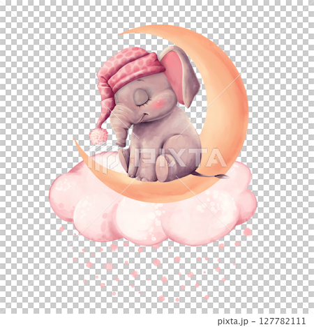 Adorable illustration of baby elephant in pink nightcap sleeping on a crescent moon with fluffy clouds. Perfect for nursery decor, baby clothing, or greeting cards Adorable illustration of baby elephant in pink nightcap sleeping on a crescent moon with fluffy clouds. Perfect for nursery decor, baby clothing, or greeting cards 127782111