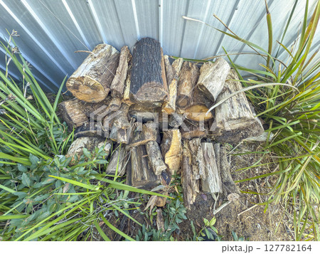 A pile of cut firewood near a garden shed A pile of cut firewood near a garden shed 127782164