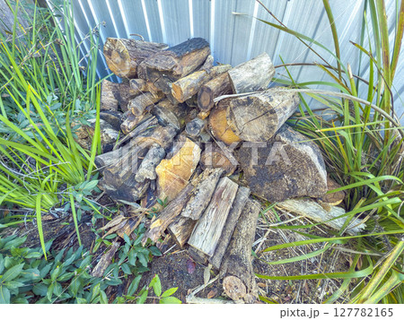 A pile of cut firewood near a garden shed 127782165